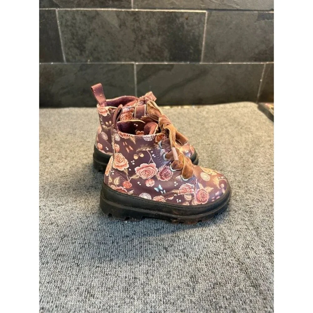 H&M Girls Velvet Plum Floral Combat Boots